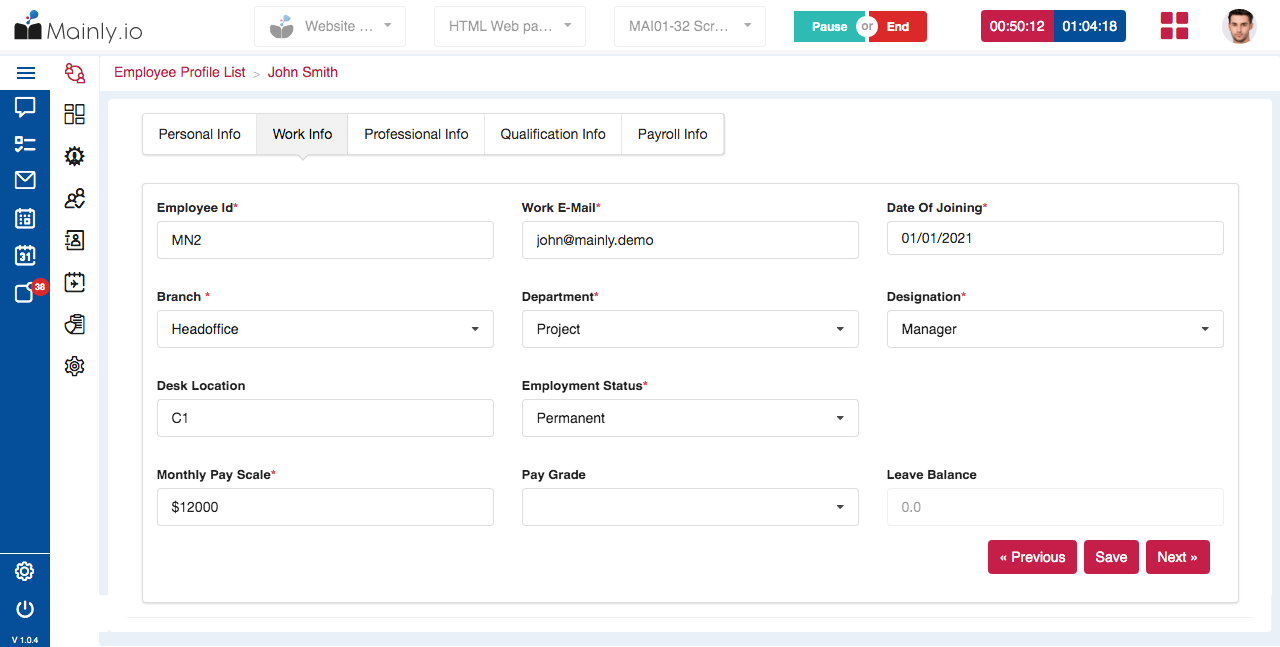 Employee profile screenshot of mainly's HRMS system