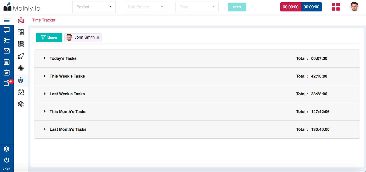 Mainly's time tracker screen of project management software