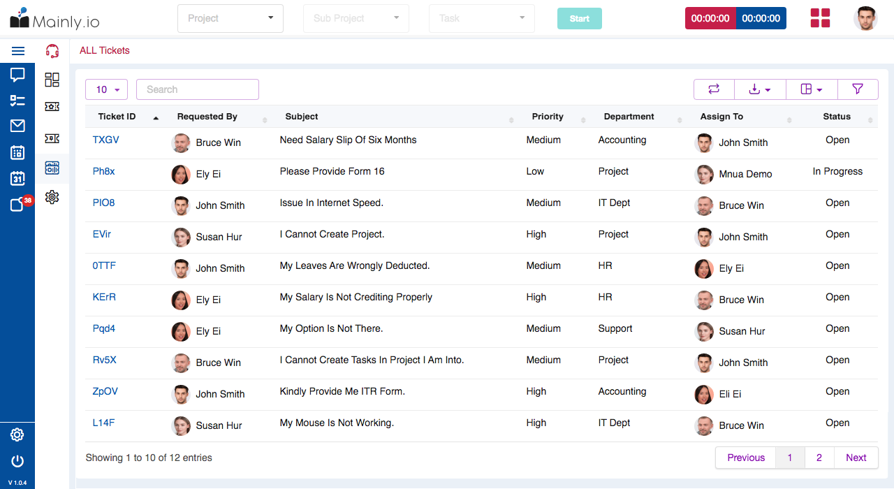 All tickets screenshot of mainly's support ticketing system