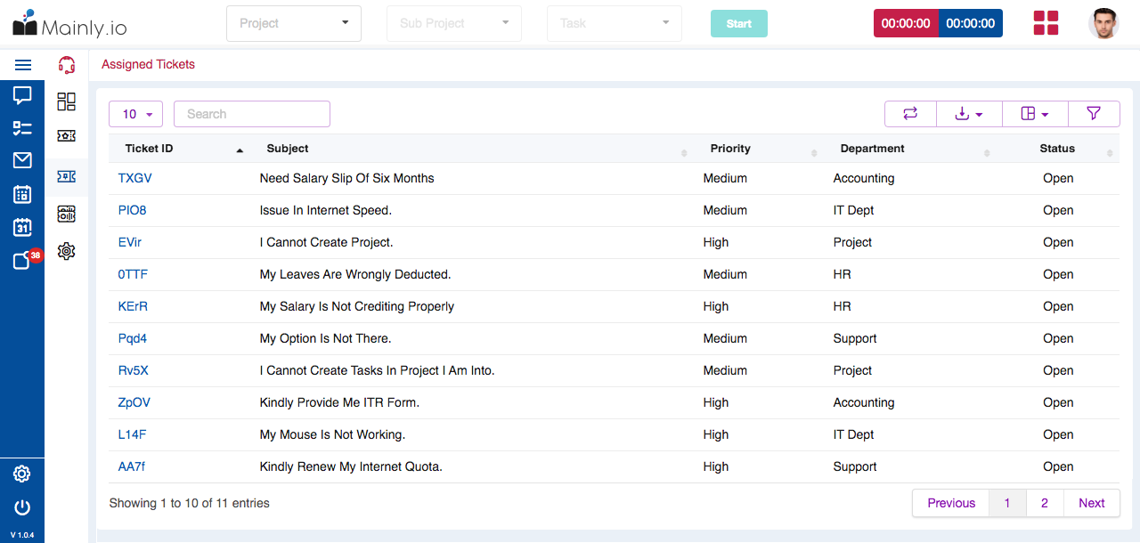 Assigned tickets screenshot of mainly's support ticketing system